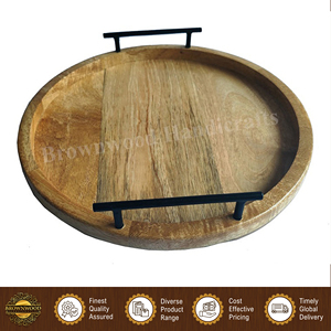 Superior Quality Handmade round Mango Wood Serving Tray with Elegant Home <b>Kitchen</b> Metal Handles Wholesale Serving Trays - Product Image 3