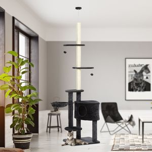 Albero per Gatti Verticale Grigio Regolabile in Altezza da Pavimento a Soffitto con Piattaforme in Moquette, Cuccia e Aree di Tiraggio in Corda per Arrampicata - Product Image 2