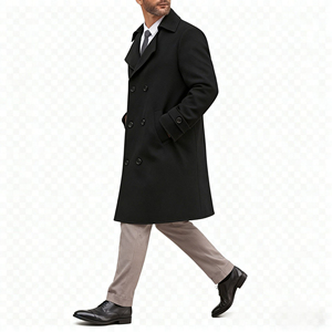 <b>Men's</b> <b>Navy</b> Polyester/Cotton Double Breasted Breathable Genuine Leather Shell Overcoat Long <b>Trench</b> <b>Coat</b> with Notched Lapel - Product Image 4