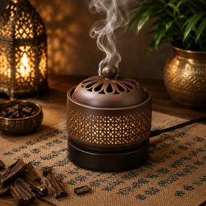 Brûleur Mabkhara en bois sculpté de designer avec bol en laiton, porte-encens Oud Bakhoor, encensoir à charbon, accessoire d'aromathérapie arabe pour la maison - Product Image 6
