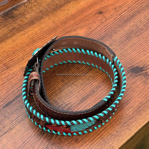 Hebilla de piedra turquesa Vintage hecha a mano y acentos florales coloridos Cinturón informal de lujo de cuero mecanizado a mano de alta calidad para hombres - Product Image 6