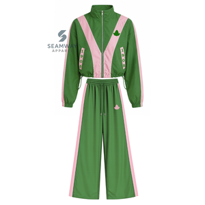 Alfa |   Kapa |   Conjunto Deportivo Alpha para Mujer, Chaqueta con Cierre y Pantalones Deportivos de Pierna Ancha en Bloques de Color Verde y Rosa - Product Image 1