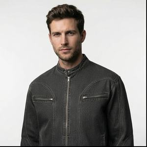 แจ็กเก็ตผ้ายีนส์วินเทจใส่ได้ทั้งชายและหญิงคอตั้งผ้าใบเสื้อคลุมกันหนาวมีซิปปิดสไตล์ฮิปฮอปซักได้ตามต้องการ - Product Image 1