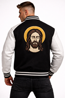 Jaket Varsity Musim Dingin Pria Desain Baru Hitam Putih Bordir LOVE JESUS Kancing Tunggal Tahan Air Berkerudung