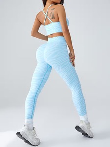 Seamless 2 Piece Yoga Outfits Women Woven Zebra Pattern Criss Cross Strappy Sports Bra and High Waisted <b>Workout</b> Leggings Set - Product Image 2