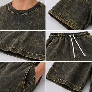 Ensemble T-shirt col rond et short à cordon de serrage pour homme, style vintage délavé, en coton épais respirant, tenue d'été streetwear assortie, USA - Product Image 3