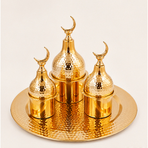 Ensemble de plateaux de service Ramadan en or martelé avec couvercle en forme de minaret et de croissant de lune, vaisselle décorative B2B pour l'Aïd Moubarak, porte-dattes - Product Image 3