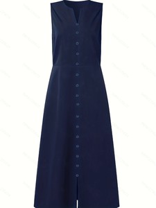 Robe midi droite décontractée sans manches, respirante, écologique, en dentelle, boutonnée sur le devant, de couleur verte, pour femmes - Product Image 3