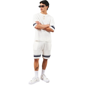 T-shirt en tricot crocheté à rayures contrastées, blanc, manches courtes, tricot texturé, décontracté d'été, respirant, col rond - Product Image 6