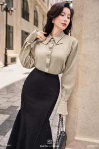 Women's High Waist Black <b>Mermaid</b> Midi <b>Skirt</b> Panelled High Low Asymmetric Fluted Hem Elegant Chic Office Formal Suiting ELOURA - Product Image 3