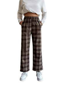 <b>Women's</b> Plaid Flannel Wide Leg <b>Lounge</b> Pants High Waist Elastic Loose Fit Ankle-Length Casual Autumn Wear Cotton <b>Trousers</b> - Product Image 1