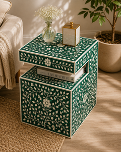 Stylish Resin Bone Inlay Nightstand With Shelf Luxurious End <b>Table</b> Floral Design Modern Side <b>Table</b> Premium Accent Cabinet - Product Image 3