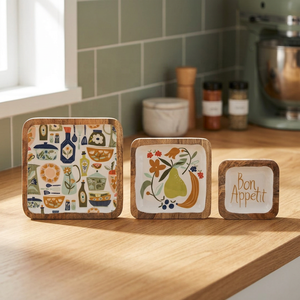 Charmant plateau de service de cuisine Ensemble de 3 motifs décoratifs Couleurs vives Cadre en bois Pièces d'appoint polyvalentes - Product Image 1
