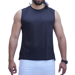 Camiseta sin Mangas para Hombre, Cuello Redondo, Color Negro Sólido, Secado Rápido, Poliéster, Ropa Casual - Product Image 1
