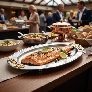 Piatto da portata artigianale in acciaio satinato con manico in canna, 60 cm, bordo oro, design Marisco, per barbecue, decorazioni per la casa, hotel, matrimoni - Product Image 2