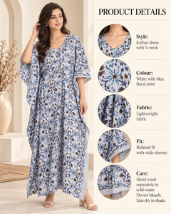 Blue Garden Print Kaftan for Women 100% Cotton V-neck Loose Fit <b>Maxi</b> <b>Dress</b> with Slits <b>Bohemian</b> Holiday Wear - Product Image 4