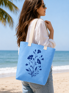 Sac fourre-tout en jute bleu 34x38x10 cm avec poignée en sangle de coton, imprimé floral, réutilisable, fermeture ouverte, pour la plage, le quotidien, les voyages et le shopping - Product Image 5