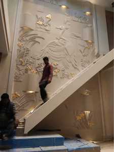 Panneau mural en pierre naturelle de style asiatique, motif 3D oiseau et lotus, finition polie, décorations murales pour escalier - Product Image 1