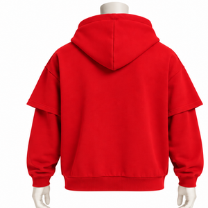 Custom Red Double Layer <b>Hoodie</b> Vintage Oversized <b>Short</b> <b>Sleeve</b> Overlay Long <b>Sleeve</b> Pullover Casual Streetwear Hooded Sweatshirt - Product Image 2