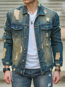 Veste en jean unie pour homme, effet vieilli, avec poche avant, boutons, manches longues, style vintage, entièrement personnalisable - Product Image 5