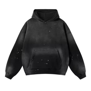 Sweat-shirt à capuche noir oversize pour homme, 100 % polyester, en molleton bouclette, imprimé par pulvérisation, sportif, hiver, effet délavé, anti-boulochage, respirant - Product Image 5