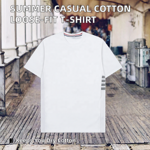 T-shirt en coton à col rond pour homme, avec logo sur le devant, respirant, coupe ample, manches courtes, tricoté, rayé, décontracté, pour l'été - Product Image 2