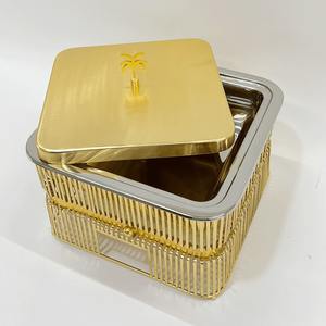 Luxury Gold Stainless Steel Square Chafing Dish <b>Buffet</b> <b>Food</b> <b>Warmer</b> Set with Palm Tree Handle & Vertical Slat Stand for Catering - Product Image 3