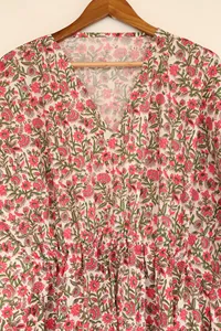Vestido Kaftan Maxi Boho Chic Rosa con Estampado Floral Hecho a Mano, Cuello en V, Corte Holgado, Algodón, Casual, para Vacaciones y Playa - Product Image 4