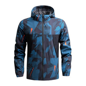 <b>Men's</b> Hooded Sport <b>Jacket</b> Geometric Print Waterproof PU Coated Polyester Autumn Outdoor Wear Zipper Closure Regular Fit - Product Image 2