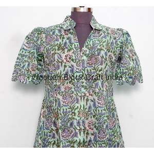 Robe Midi Formelle Élégante en Coton Tricoté 100% Naturel pour Femme, Col en V, Manches Courtes, Imprimé Floral, Coupe Trapèze, Ceinture à la Taille, Respirante, Vente en Gros - Product Image 1