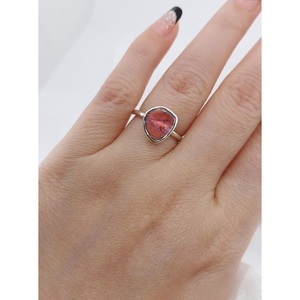 Minimalist <b>925</b> <b>Silver</b> <b>Ring</b> With Green And Pink Pencil Tourmaline Stones Bezel Setting Geometric Design Everyday Wear - Product Image 3