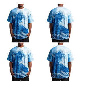 เสื้อยืดผู้ชายสีน้ำเงินรอยัล พิมพ์ลายดิจิตอลรูปคลื่น ทรงโอเวอร์ไซส์ สไตล์ลำลอง แฟชั่นสตรีทแวร์ - Product Image 1