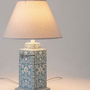 <b>Blue</b> Bone Inlay <b>Bedside</b> Lamp | Elegant Round Base <b>Table</b> Lamp with Neutral Shade - Product Image 3