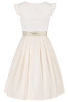 Robe midi jaune coupe trapèze avec manches courtes, col festonné et ceinture, en velours tissé écologique à taille naturelle, décontractée pour le printemps