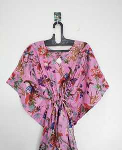 Robe kaftan en coton indien faite à la main avec imprimé d'oiseaux, vêtements de plage confortables, style bohème - Product Image 2