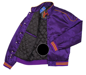 Chaqueta Varsity de Satén Morada para Hombre con Ribete Naranja, Cuello Alto, Corte Regular, Estilo Casual para Otoño - Product Image 3