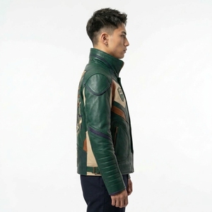 Blouson en cuir vert pour homme, style motard, avec blocs de couleur, patch brodé, col montant et fermeture éclair - Product Image 3