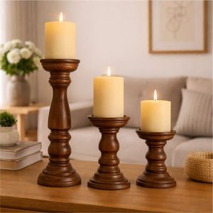 Handcrafted Mango Wood Candle Pillar Rustic Farmhouse Wooden Candle Stand for Wedding Table Decor 3-Piece <b>Set</b> Candle Stand - Product Image 1