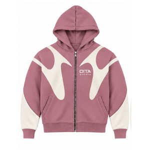 Dusty Pink Contrast Panel <b>Zip</b> Up <b>Hoodie</b> Men Streetwear Full Zipper Long Sleeve Casual Fleece Hooded Jacket With <b>Pockets</b> - Product Image 1