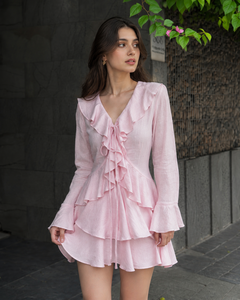 Vestido Mini Bohemio de Verano para Mujer, 100% Algodón, Diseño Rosa con Cuello en V, Volantes y Mangas con Vuelo, Estilo Casual para Uso Diario - Product Image 1