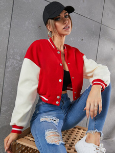Premium Women's Red <b>White</b> Eco-Friendly Wool Leather Winter Varsity <b>Jacket</b> <b>Short</b> Cropped Button up Collar Full Sleeve OEM - Product Image 6
