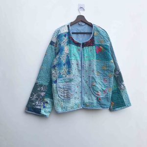 Abrigo Kantha de Algodón Khambadi Vintage Hecho a Mano, Chaqueta de Retazos con Relleno, Diseño Estampado Cosido a Mano, Tejido con Bolsillos - Product Image 5