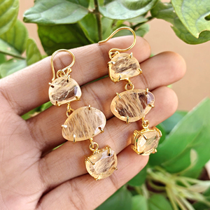 Natural golden rutile quartz triple drop <b>earrings</b> 18k gold plated <b>hook</b> dangle gemstone jewelry prong setting stone ear adornment - Product Image 1