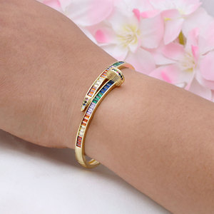 Sterling <b>Silver</b> Gold Plated Trendy Nail Shape Elegant Sparkling Cubic Zirconia Women's Bangle <b>Bracelet</b> Fine Accessory - Product Image 6