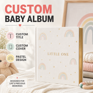 LABON Custom Baby Album Little <strong>One</strong> Rainbow Pastel Theme Linen Hardcover Gold Foil Gilded Edges Luxury Memory Book Gift - Product Image 1