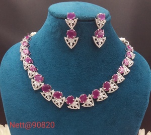 Elegant Ruby Necklace and Earring <b>Set</b> <b>Silver</b> Plated Alloy Geometric Design Women's Wedding Jewelry Classic Style - Product Image 2