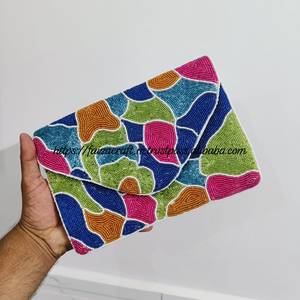 Handmade Beaded Clutch Handbag with Detachable Chain Lightweight White Multicolor Patterned <b>Envelope</b> Purse for Wedding - Product Image 3