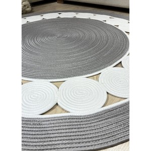 Alfombra Redonda de Yute con Patrón Geométrico, Tejido Plano Antideslizante, Estilo Escandinavo, para Sala de Estar, Uso Doméstico, Gris Blanco - Product Image 3