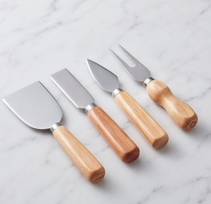 Ensemble de couteaux à fromage de luxe en acier inoxydable, fabriqués à la main, avec manches en bois et support, idéal pour les plateaux à fromage et les outils de cuisine - Product Image 1