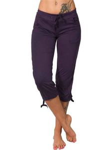 Pantalones capri de punto de color liso para mujer con cintura con cordón y rayas laterales, de tiro medio, informales, para verano - Product Image 4